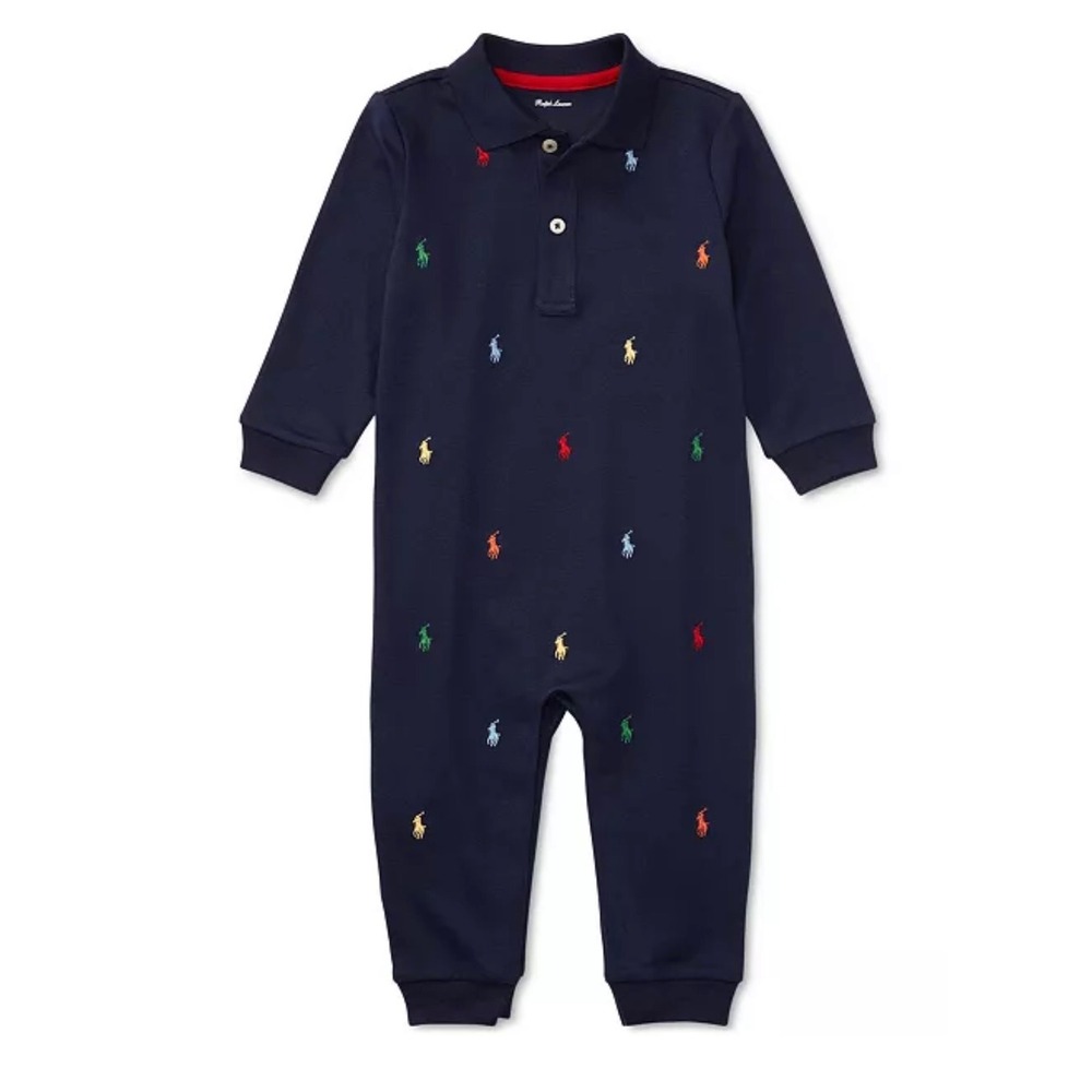 Polo Ralph Lauren Baby Boys Schiffli Cotton Coverall in Refined Navy, Size 6M